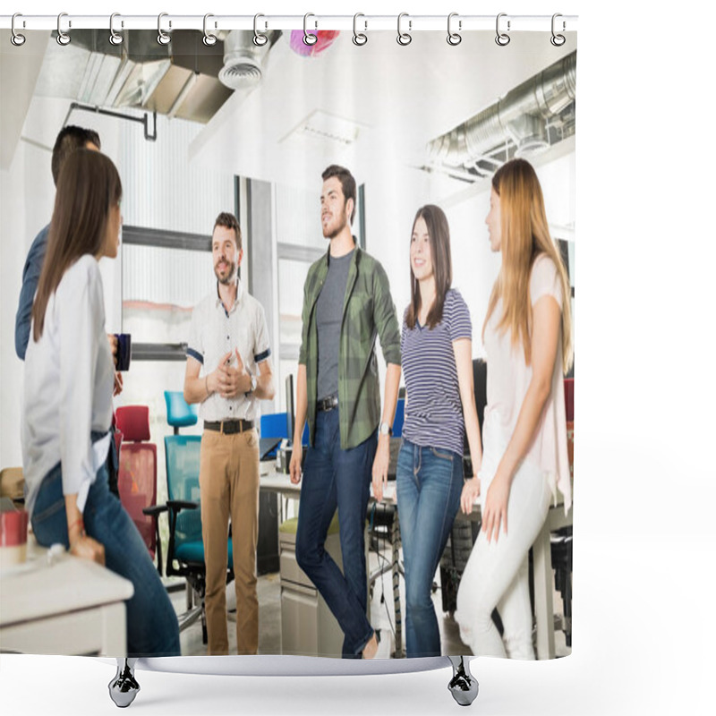 Personality  Group Of Business People Having Casual Discussion During Coffee Break In Modern Office Space Shower Curtains