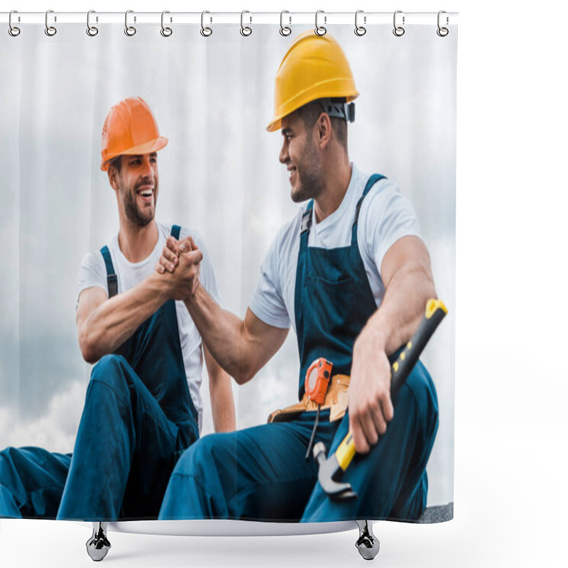 Personality  Happy Handymen Holding Hands While Smiling Against Sky  Shower Curtains