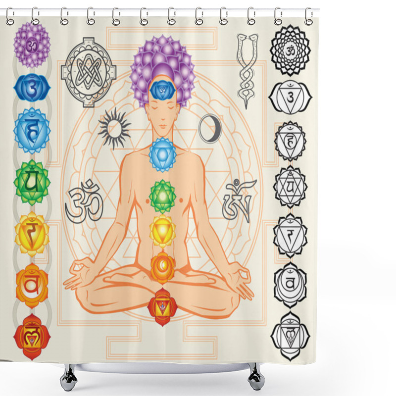 Personality  Silhouette Of Man With Chakras And Esoteric Symbols Shower Curtains