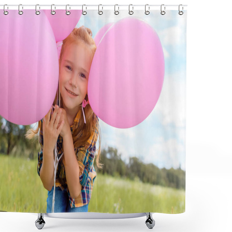 Personality  Portrait Of Cute Child With Pink Balloons Looking At Camera In Summer Field Shower Curtains