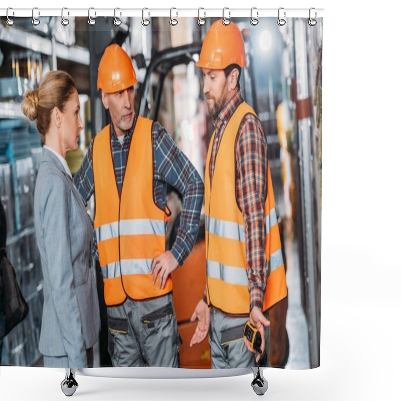 Personality  Male Workers In Safety Vests And Helmets Talking With Inspector In Storehouse Shower Curtains