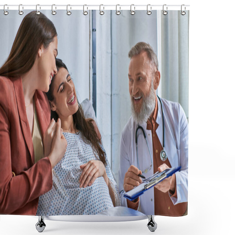 Personality  Jolly Doctor Showing Ultrasound To Cheerful Smiling Lesbian Couple, In Vitro Fertilization Concept Shower Curtains