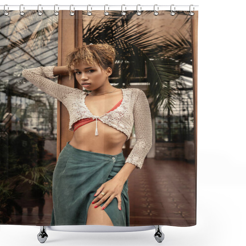 Personality  Trendy Young African American Woman In Summer Knitted Top And Skirt Looking At Camera While Standing Near Entrance Of Indoor Garden, Fashionable Woman Enjoying Summer Vibes Shower Curtains