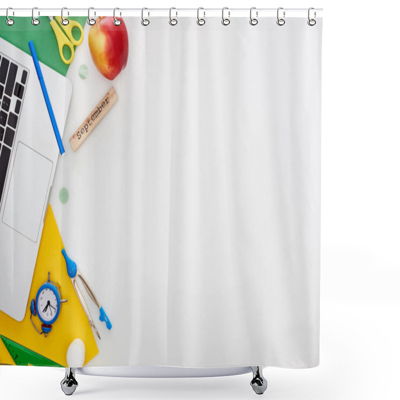 Personality  Laptop Near Wooden Block With September Inscription, Apple, Scissors, Toy Alarm Clock, Felt Pen, Setsquare, Compass Drawing Isolated On White Shower Curtains