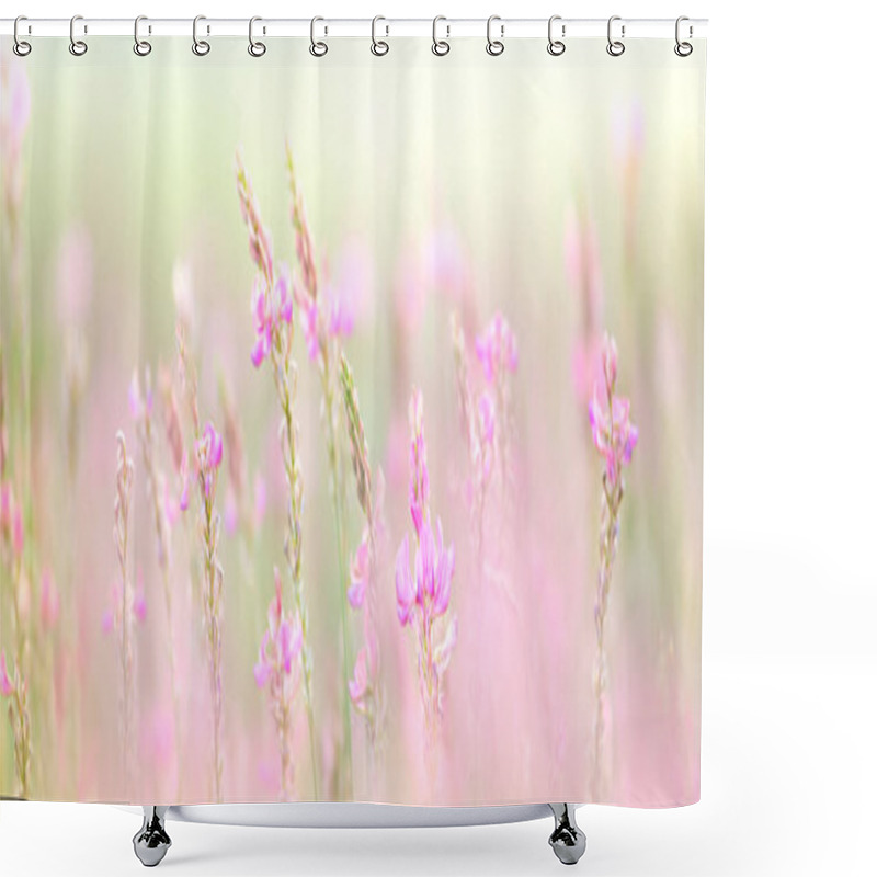 Personality  Natural Meadow Banner Background -  Gentle Wild Flowers In Macro Selective Focus And Pastel Colors Background, Banner With Empty Space Shower Curtains