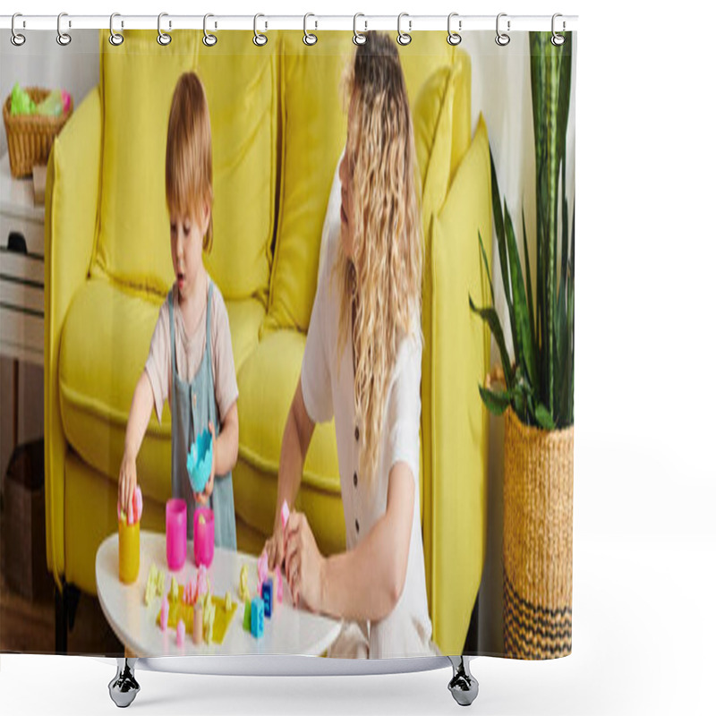 Personality  Curly Mother And Her Toddler Daughter Engaging In Montessori Education By Playing With Blocks On A Table. Shower Curtains