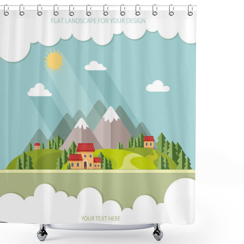 Personality  Landscape. Houses In The Mountains Among The Trees. Flat Style, Shower Curtains