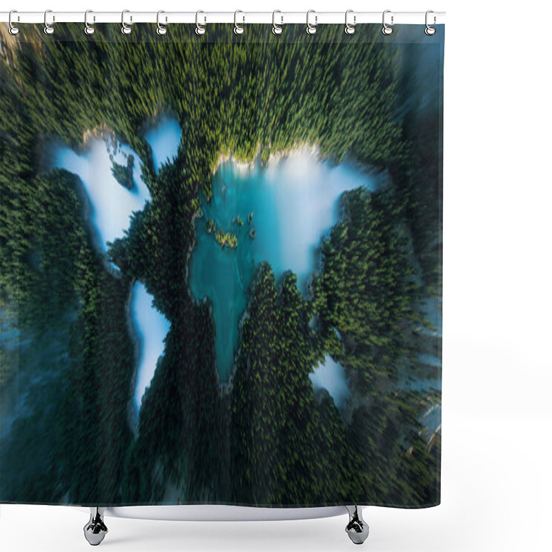 Personality  Nature's Masterpiece Unveiled: A Lush Mountain Forest With A Continent-shaped Turquoise Lake From An Aerial Ultra-wide View. A Call To Protect Our Planet Through Sustainable Development. 3D Rendering. Shower Curtains