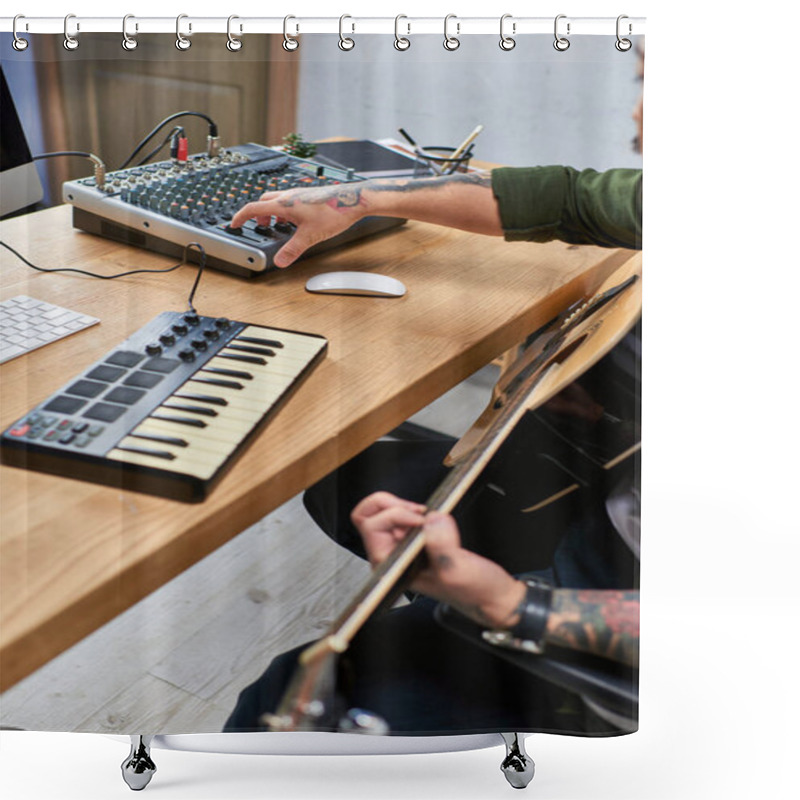 Personality  A Young Asian Man Plays Guitar And Adjusts The Soundboard In His Studio. Shower Curtains