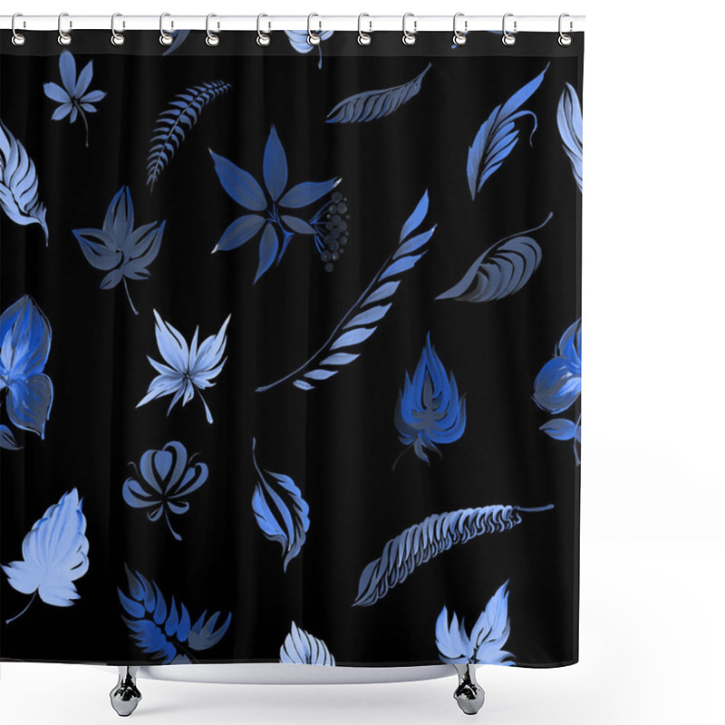 Personality  Blue Frosted Leaves On A Black Background, Seamless Pattern. Hand Drawn Gouache Painting Shower Curtains