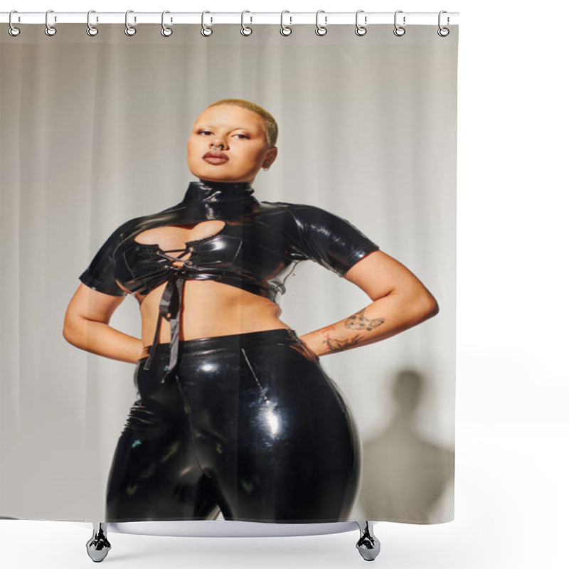 Personality  A Young Woman In Striking Black Fashion Poses Confidently, Showcasing Bold Style And Individuality. Shower Curtains