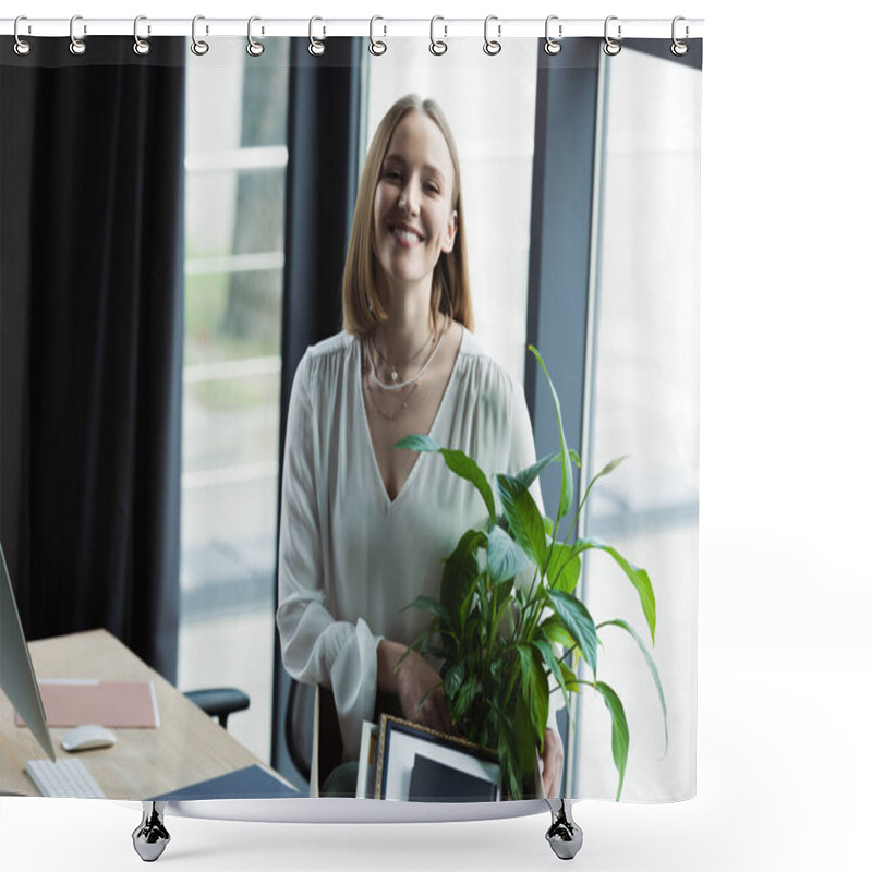 Personality  Happy Intern Looking At Camera Near Cardboard Box With Stuff And Computer In Office  Shower Curtains