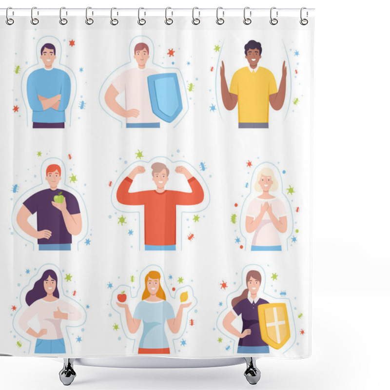 Personality  Healthy People Characters With Strong Immunity And Resistance To Bacterial Attack Vector Illustration Set Shower Curtains