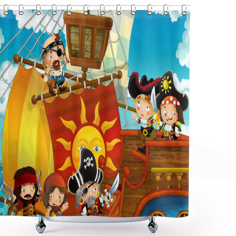 Personality  Cartoon Scene With Pirate Ship Sailing Through The Sea - Pirates On The Deck - Illustration For Children Shower Curtains