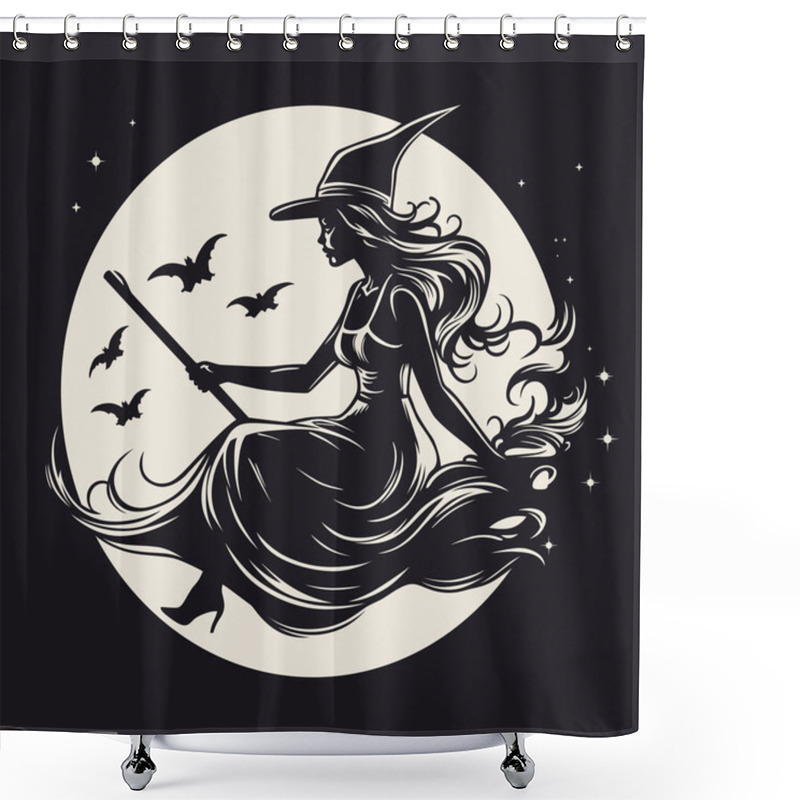 Personality  Beautiful Witch Flying On A Broomstick In The Night Sky Against The Background Of The Full Moon Shower Curtains