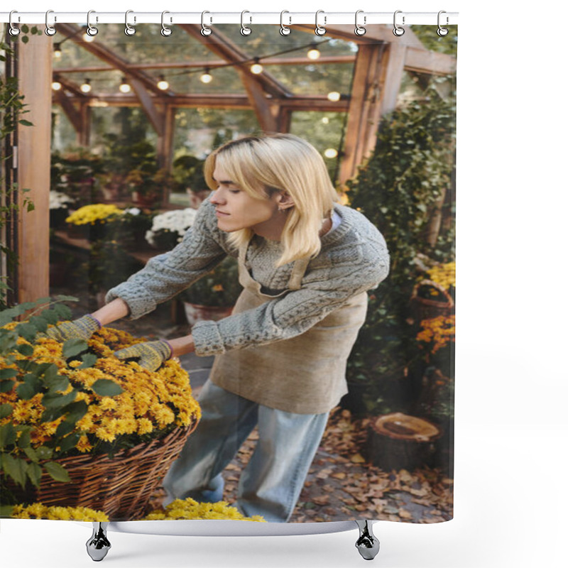 Personality  In A Beautiful Garden Greenhouse, A Young Man Carefully Arranges Bright Yellow Flowers While Surrounded By Lush Greenery. The Soft Glow Of Lights Creates A Warm And Inviting Atmosphere. Shower Curtains