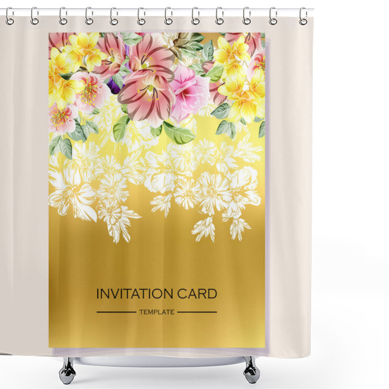 Personality  Invitation Card Template With Beautiful Lush Pastel Flowers On Golden Background Shower Curtains