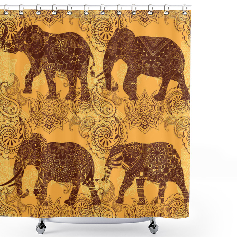 Personality  Elephants On A Bright Background. Indian Patterns. Seamless Pattern. Shower Curtains