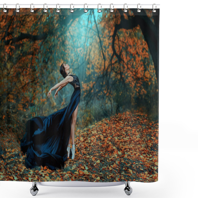 Personality  Fantasy Fairy Beautiful Woman In A Medieval Black Silk Dress Dancing. Princess Girl In Misty Autumn Forest. Art Processing Yellow Trees Bright Divine Magic Light. Fashion Model Ballerina Dancer Posing Shower Curtains