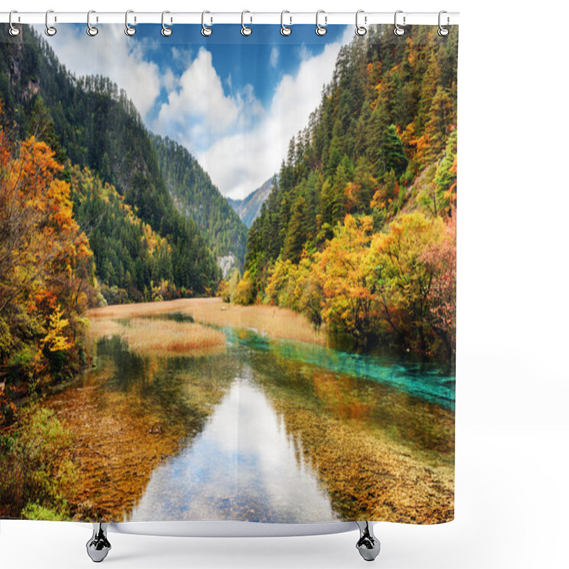 Personality  Crystal Clear Water Of River Among Fall Woods In Mountain Gorge Shower Curtains