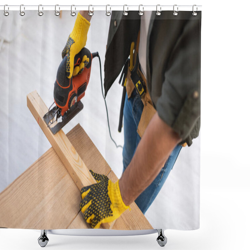 Personality  High Angle View Of Carpenter In Gloves Sawing Wooden Board On Table At Home  Shower Curtains