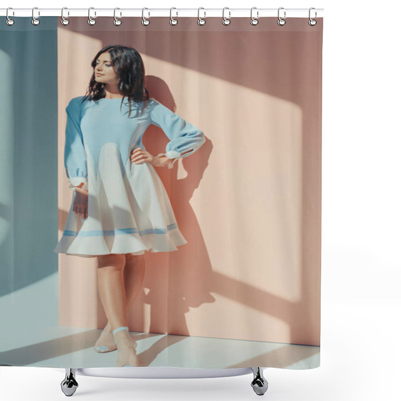 Personality  Woman In Fashionable Turquoise Dress Shower Curtains