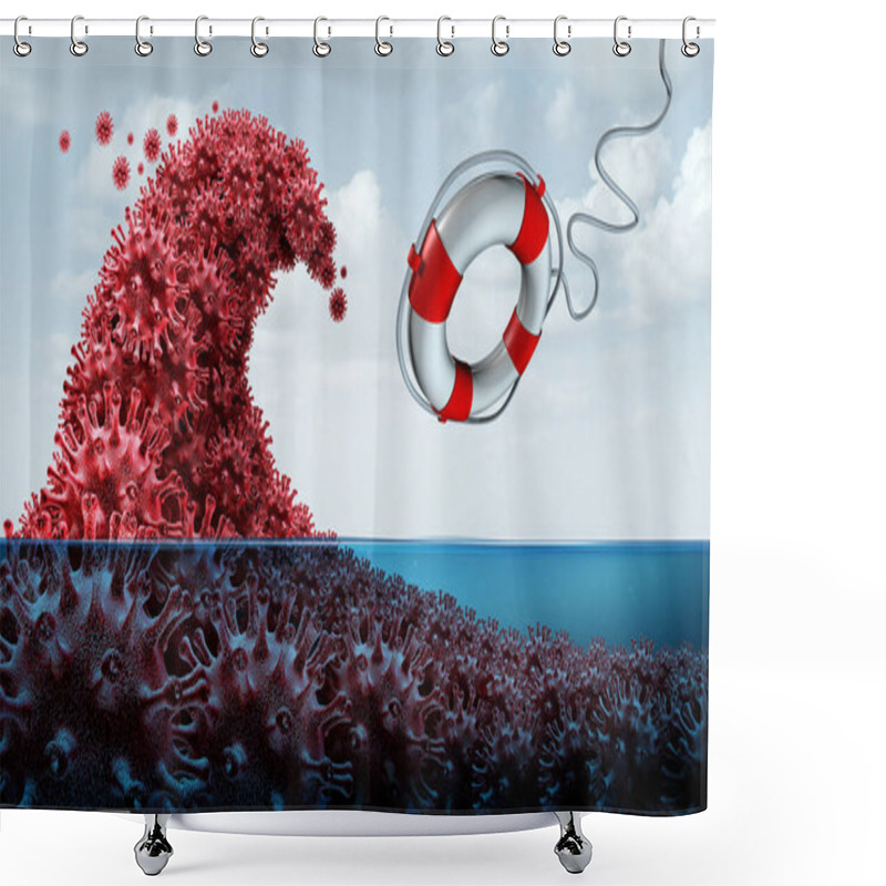 Personality  Virus Outbreak Treatment And Second Wave Infection Risk And Covid Or Coronavirus Pandemic Crisis And Influenza As A Dangerous Flu As A Covid-19 Concept With A Life Saver And Disease Cells As A 3D Render. Shower Curtains