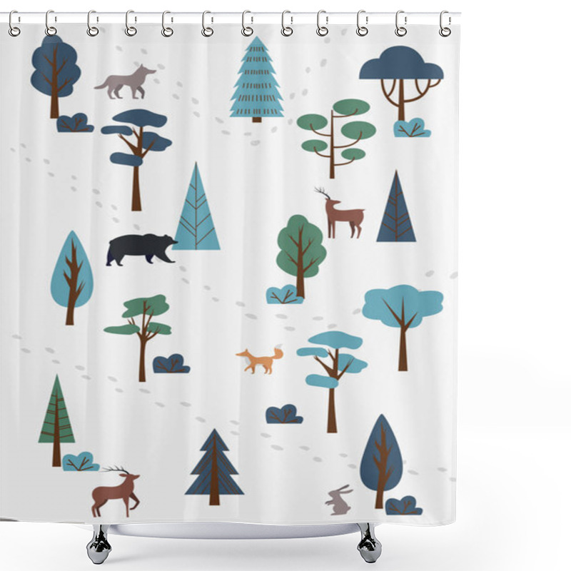 Personality  Cute Forest Background. Tiny Trees And Footprints, Animals, Deer, Bear, Hare, Wolf And Fox. Flat Vector Illustration Shower Curtains