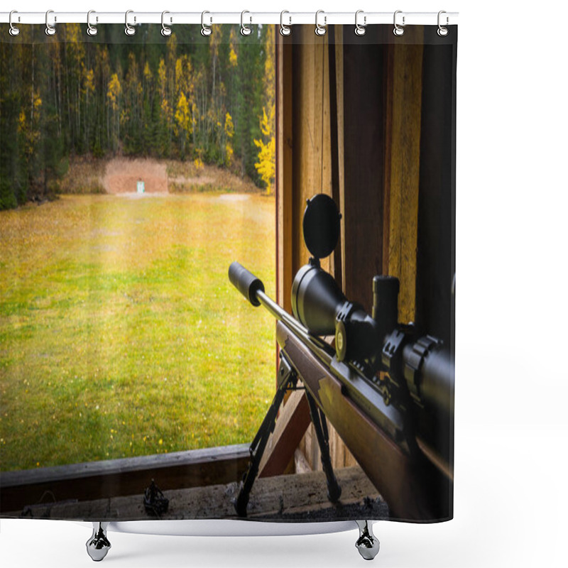 Personality  Sniper Rifle With Silencer And Scope At Shooting Range  Shower Curtains