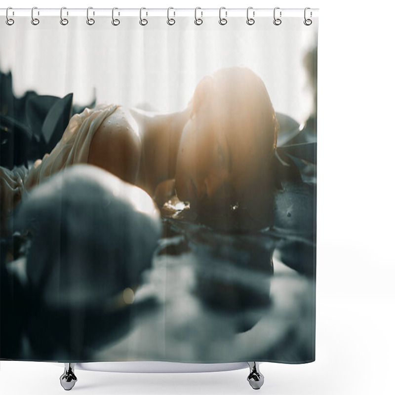 Personality  Young Woman Lying In The Water Among The Leaves Of Water Lily. Shower Curtains