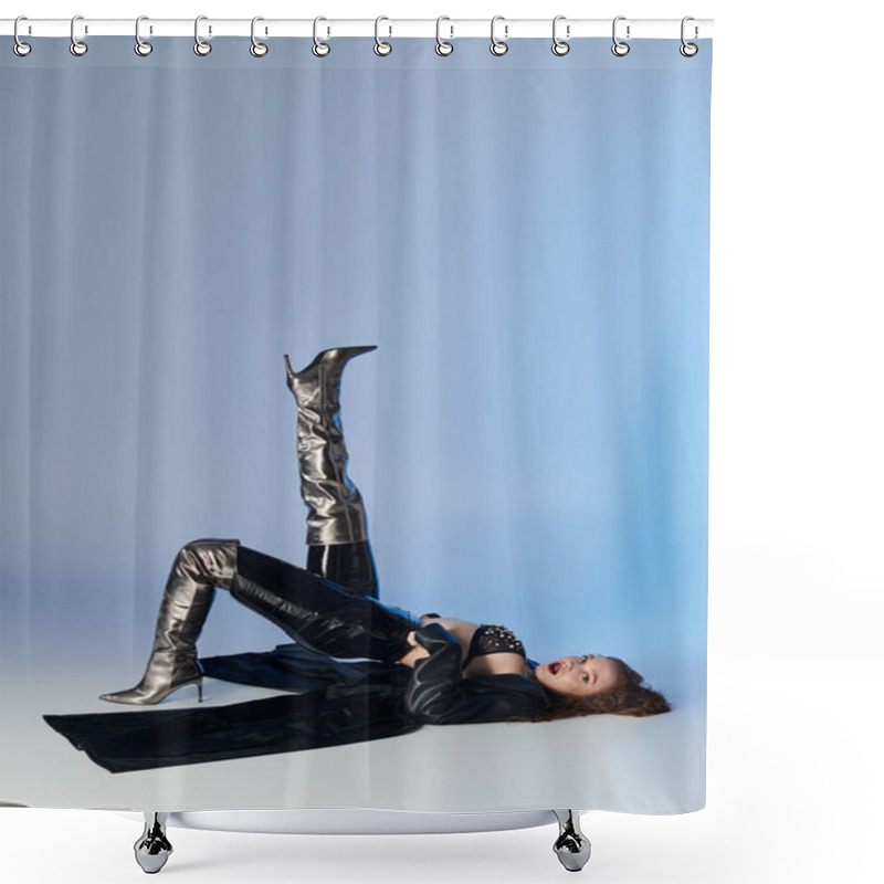 Personality  A Stunning Model With Red Hair Showcases A Bold Fashion Statement. Shower Curtains