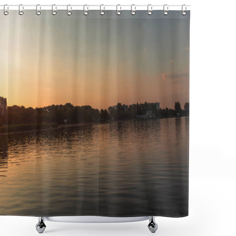 Personality  A Lake With The Sunset In The Background, Casting A Warm Glow Shower Curtains