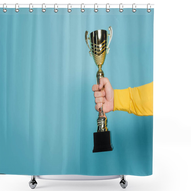 Personality  Cropped View Of Man Holding Golden Trophy On Blue Shower Curtains