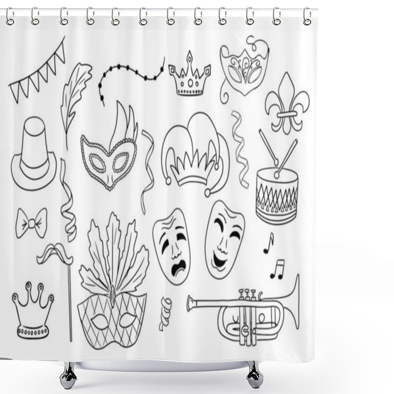 Personality  Line Art Illustrations Of Mardi Gras Elements Including Masks, Crowns, Musical Instruments, Ribbons, And Festive Decorations In Minimalist Style. Vector Outline Minimalistic Drawings Isolated Shower Curtains