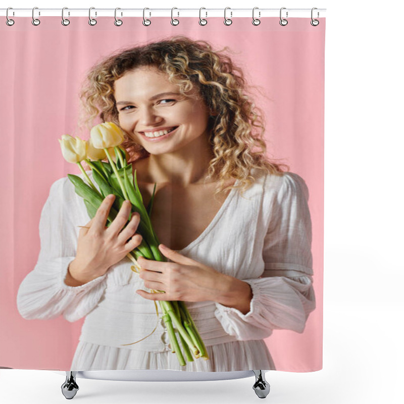 Personality  A Woman In A Pink Background Holding A Bouquet Of Vibrant Tulips. Shower Curtains