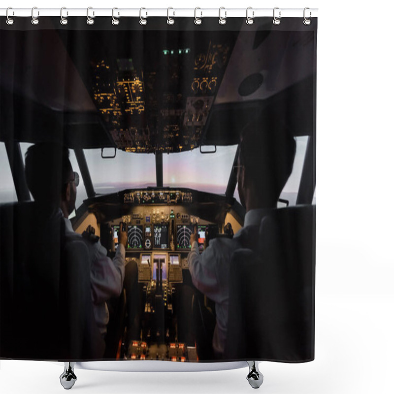 Personality  Back View Of Professionals Piloting Modern Airplane Shower Curtains