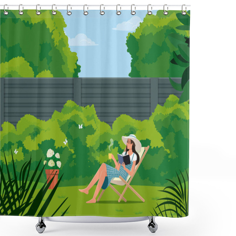 Personality  Girl With A Cup Reads A Book While Sitting On A Deck Chair In The Garden. Shower Curtains