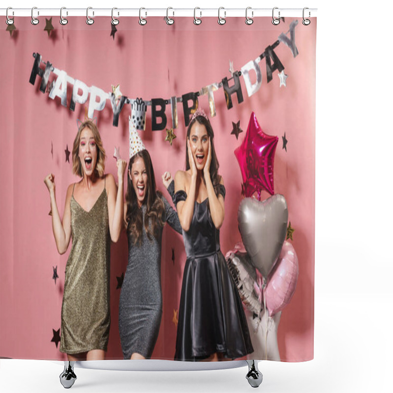 Personality  Image Of Three Astonished Party Girls Smiling And Celebrating Bi Shower Curtains