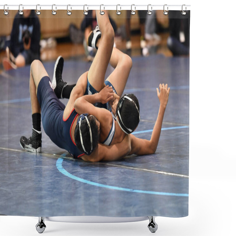 Personality  Athletic Male Wrestlers Competing At A Wrestling Meet. Shower Curtains