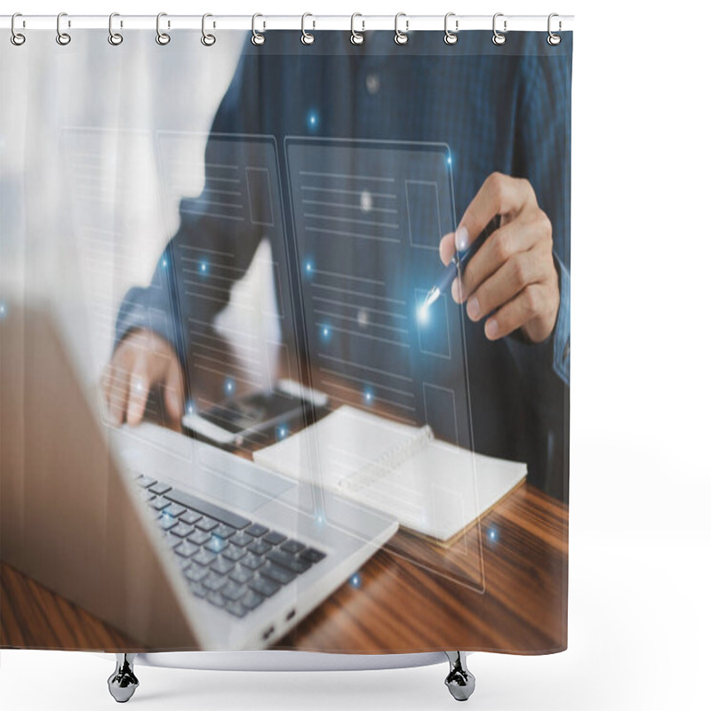 Personality  Businessman Interacting With A Futuristic Digital Interface, Using A Stylus To Select And Manipulate Data On A Transparent Screen While Working On A Laptop, Symbolizing Advanced Technology Shower Curtains