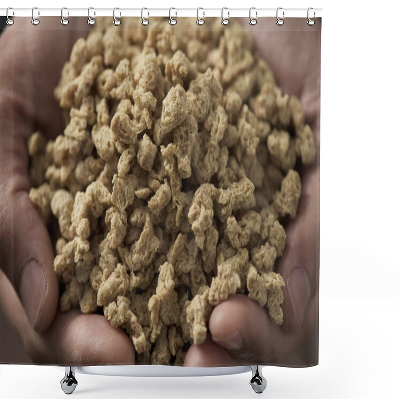 Personality  Textured Soy Protein In The Hands Of A Man Shower Curtains