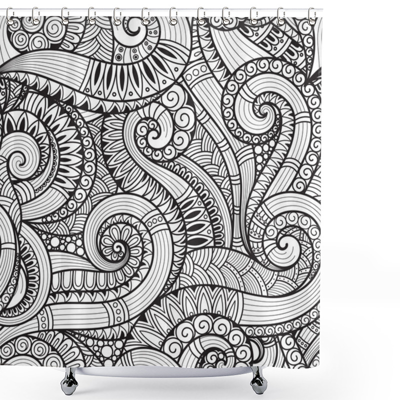 Personality  Seamless Black And White Abstract Hand-drawn Pattern, Waves Back Shower Curtains