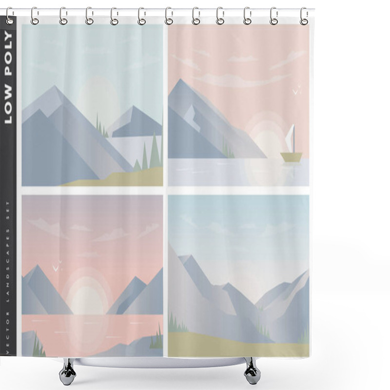 Personality  Abstract Image Of A Sunset Or Dawn Sun Over The Mountains At The Background And River Or Lake At The Foreground. Mountain Landscape. Vector Illustration Shower Curtains