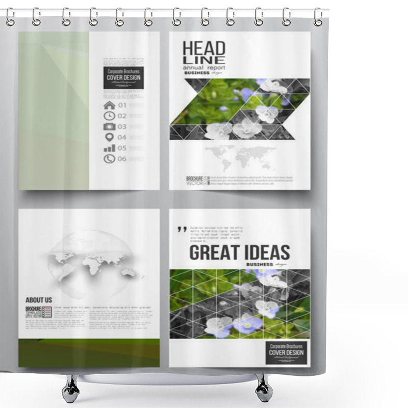 Personality  Set Of Business Templates For Brochure, Magazine, Flyer, Booklet Or Annual Report. Polygonal Floral Background, Blurred Image, Blue Flowers In Green Grass Closeup, Modern Triangular Texture Shower Curtains