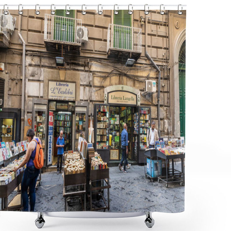 Personality  Naples, Italy - September 9, 2019: Bookshops In The Port Alba With People Around In Piazza Dante, One Of The City Gates In The Historical Center Of Naples, Italy Shower Curtains