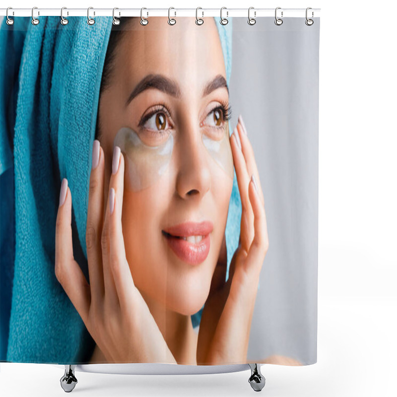 Personality  Smiling Beautiful Woman With Blue Towel On Hair And Hydrogel Eye Patches On Face Isolated On Grey Shower Curtains