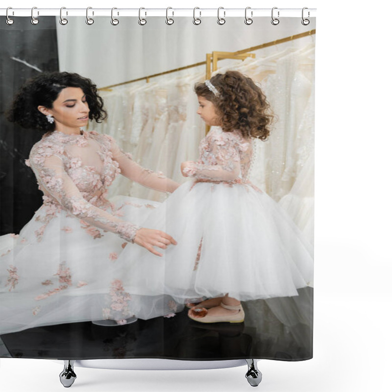 Personality  Charming Middle Eastern Bride With Brunette Wavy Hair In Wedding Dress Adjusting Tulle Skirt Of Daughter In Cute Floral Attire In Bridal Salon, Shopping, Special Moment, Togetherness  Shower Curtains