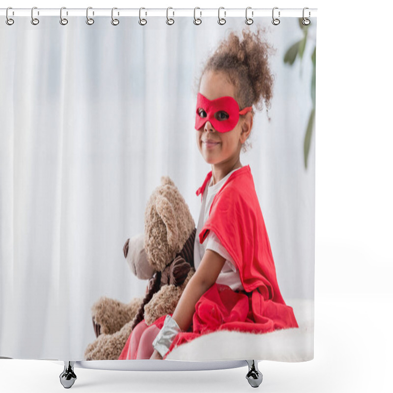 Personality  Adorable Little African American Child In Superhero Costume And Mask With Teddy Bear Smiling At Camera Shower Curtains