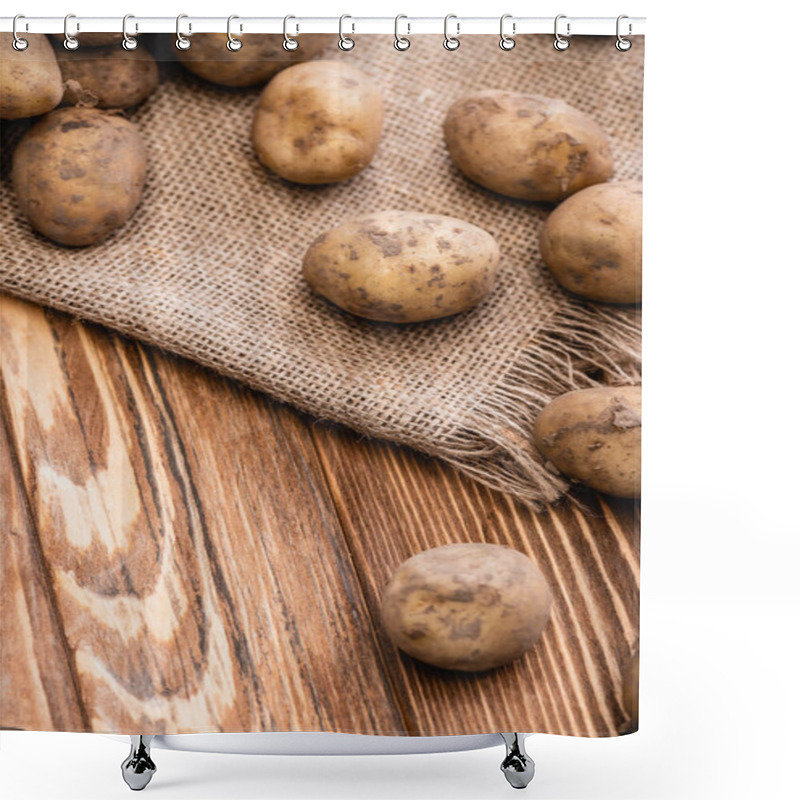 Personality  Dirty Potatoes And Burlap On Wooden Table Shower Curtains