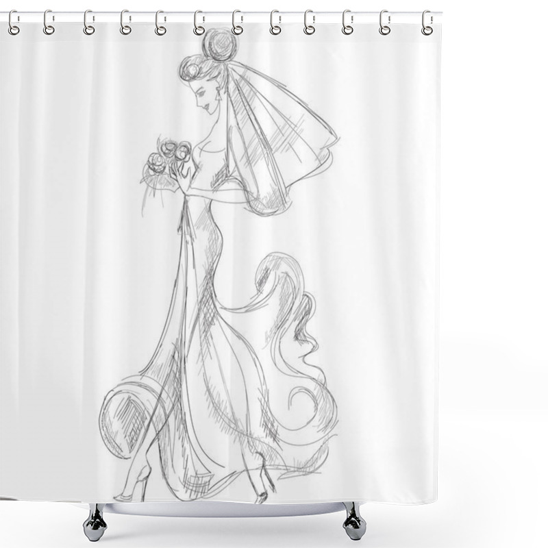 Personality  Beautiful Bride Sketch Style Hand Drawn Vector Illustration Shower Curtains